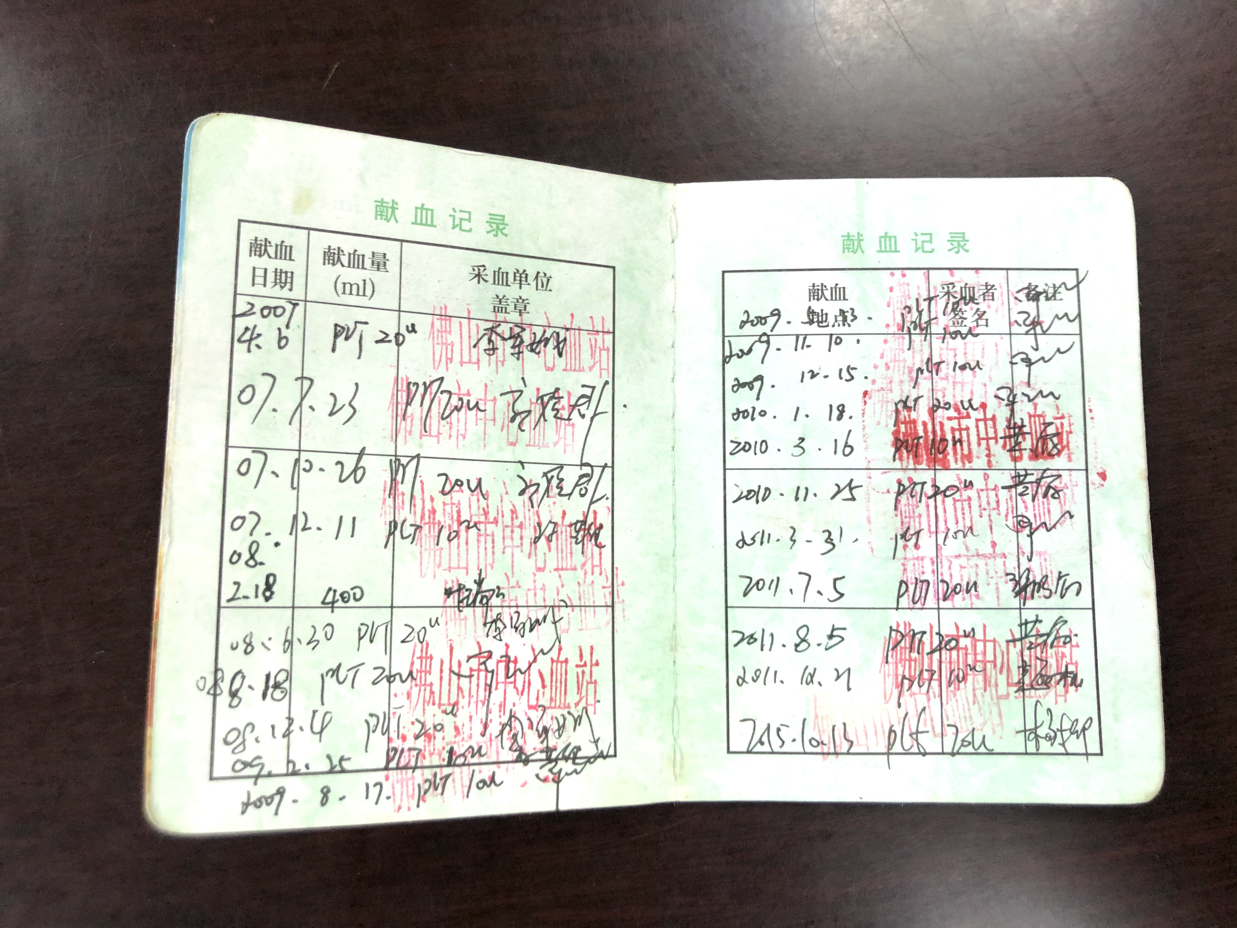 冯美霞找出了07年开始记录的献血证，一笔笔的献血记录也代表着冯美霞的“爱心力量”。佛山日报记者陈嘉懿摄.jpg